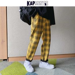 Мужские джинсы Kapments Streetwear Желтая клетчатая брюки мужчины бегут 2023 мужчина повседневные прямые брюки для гарема мужские брюки для хип -хопа плюс плюс размер