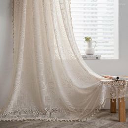 Curtain Beige Chic Crochet Knitting Cotton Sheer Drapery With Tassel For Living Room Bedroom Decoration Checkered Pattern