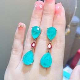 Dangle Earrings RUZZALLATI 2023 Arrival Double Water Drop Lab Emerald Paraiba Tourmaline Women Silver Color Retro Trend Jewelry