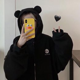 Women's Hoodies HOUZHOU Kawaii Panda Ear Zip Up Hoodie Black Harajuku Zipper Sweatshirts Girls Long Sleeve Korean Fashion Women Cute Autumn