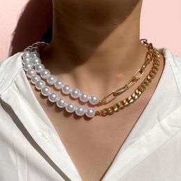 Chains Flatfoosie Trendy Asymmetry Pearl Metal Chain Necklace For Women Men Simple Gold Silver Color Link Choker Jewelry