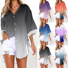 Women's Blouses Womens Fashion Button Up Shirt Three Quarter Sleeve Casual Tunic Top U Neck Shirts For Women Closed Collar