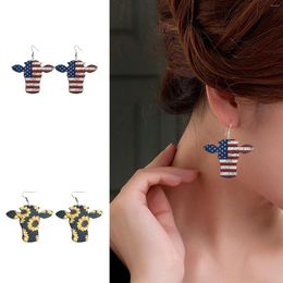 Hoop Earrings Personalized Fashion Americans Flag Cow Head Sunflower Western Denim Wooden