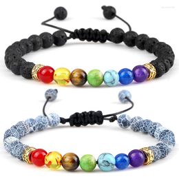 Strand Natural Lava Stone Beads Bracelets 6mm 7 Chakra Charm Healing Balance Handmade Braided Bracelet For Men Women Adjustable Jewelry