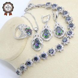 Sets Rainbow Zircon Silver 925 Jewellery Set for Women Bracelet Earring Necklace Pendant Ring Gift Box