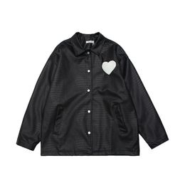 Men's Jackets Letter Love Pattern Single Breasted Pu Leather Coat Mens And Women Hip Hop Oversize Lapel Black White Autumn Couple JacketsMen