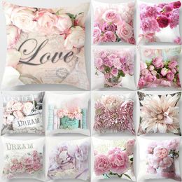 Cushion/Decorative Pillow Rose Flower Pink Cushion Cover Nordic Style Home Wedding Decoration Sofa Bed Car Lumbar Pillowcase 45x45cm Polyester Pillow Case 230520