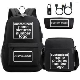 Backpack Custom-Made Customised Name Number Boy Book Bags Anti-Theft Lock USB Shoulder Bag Pen Three Sets For Men Women