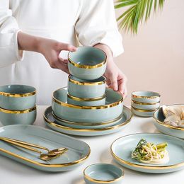 Dinnerware Sets Ceramic Complete Tableware Set Light Green Dinner For 2/4/6 Person Dishes With Cutlery Restaurant Kitchen