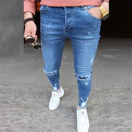 Men Stretchy Ripped Skinny Biker Pure Colour Scratched Jeans Destroyed Hole Taped Slim Fit Denim High Quality Hip Hop Jean Pants