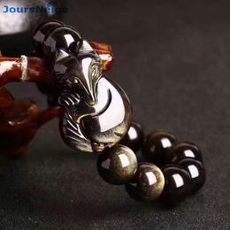 Bracelets Wholesale Black Gold Natural Obsidian Bracelets Fox Beads Bracelet for Men Women Energy stone Hand String Help marriage Safe