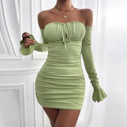 Casual Dresses Elegant Woman Slim Sexy Bandage Backless Dress 2023 Summer Fashion Solid Colour Off-The-Shoulder Long Sleeves Female Wear