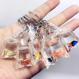 Mini Transparent Resin Fish Keychain In Water Bag Pendant Keyring Charms Bag Car Key Pendant Keychain Decor Accessories