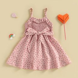 Girl Dresses Summer Toddler Baby Girls Lovely Dress Casual Sling Pink Pleated Ruffles Sleeveless Heart Print With Bowknot Belt