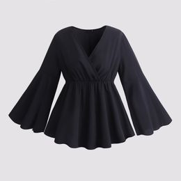 Women's Plus Size TShirt 4XL Black Blouse's Autumn Flare Sleeve Peplum Tops V Neck Oversized T Shirts Elegant Casual Solid Clothing 230520