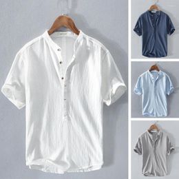 Men's Casual Shirts Stand Collar Short Sleeve Men Shirt Buttons Half Placket Anti-pilling Summer Solid Color Thin Daily Garment