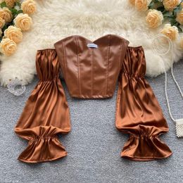 Women's Tanks Sexy Korean Fashion Pu Leather Patchwork Blouse Woman Strapless Slash Neck Long Pleated Sleeve Shirts Back Zipper Y2K Short