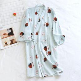Women's Sleepwear Japanese Pajamas Women's Summer Thin Kimono Robes Cotton Double-layer Crepe Home Clothes Long Nightgown Strawberry