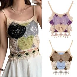 Women's Tanks Women Summer Crochet Top Colourful Embroidery Knit Vest Tops Square Neck Camisole Beachwear