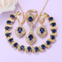 Necklace Earrings Set Brazilian Gold-Color Jewellery With Natural Stone CZ Blue And Bridal Sets For Women Wedding Gift