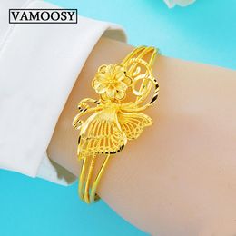 Bangle Exquisite Hand Made Carving Flower Shape Cuff Bangle Bracelet for Women Pure 24K Gold Open Bracelet Fashion Jewellery Wholesale