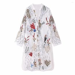 Casual Dresses Fashion White Embroidery Long Shirts Women V-Neck Single Breasted Shirt Dress Female Sleeve Side Slit Loose Blouses