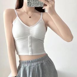 Women's Tanks Summer Knitted Cotton Camisole Button Removable Chest Pad Underwear Threaded Women Camisoles Sexy V-neck