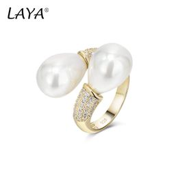 Rings LAYA 925 Sterling Silver Adjustable Double Pearl Ring For Women Sparkling Zircon Engagement Anniversary Fine Jewelry