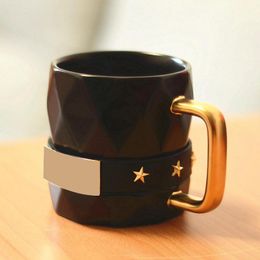 Mugs 285ML Creative Geometric Rhombus Ceramic Black Leather Nameplate With Handle Coffee Cups Tea Milk Mug Cup Unique Gifts