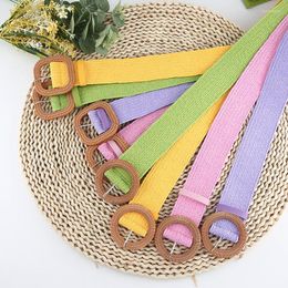 Belts Bohemian Braided For Women Summer Solid Colour Round Wood Buckle Woven Rope DIY Stretch Cummerbund Wholesale