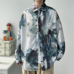 Men's T Shirts Heavy Cotton Shirt Short Sleeve Summer Top Mens Ink Painting Retro Flower Loose Drape Feeling Lazy Wrap Long