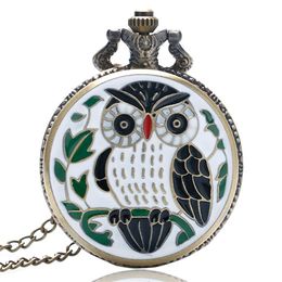 Bronze Small Animal Epoxy Cartoon Owl Painting Pocket Watch Quartz Clock Necklace Chain Relogio De Bolso Gifts for Men Women269C