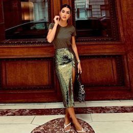 Skirts 2023 To Stand Out Glittering High Waist Green Sequin Woman Custom Made Casual Slit Mid-Calf Fashion Party Maxi Skirt