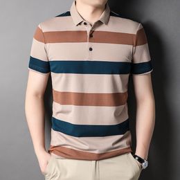 Summer Mens Polo Shirts With Short Sleeve Business Stripes Print Casual Tops Fashion Sport Wear Oversized T Shirts Man Clothes