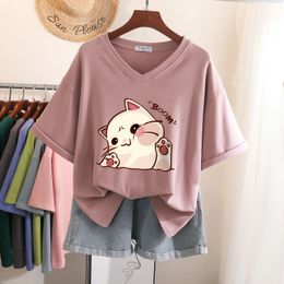 Women's Plus Size TShirt EBAIHUI 100 Cotton L6XL T Shirt Tshirt Short Sleeve Women Top Summer Cartoon Print Couple V Neck Oversized Shirts 230520