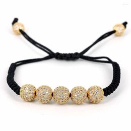 Strand Men Bracelets 10mm Pave Setting Black CZ Beads & 24K Gold 8mm Round Braiding Macrame Bracelet For