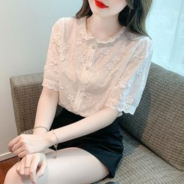 Women's Blouses Women 2023 Summer White Vintage Button Shirts Sexy Lace Hollow Out Shirt Blouse Long Sleeve O-Neck Flower Design Tops