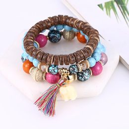 Strand Vintage Tassel Multilayer Beads Bracelets Bohemian Elastic Resin Stone Crystal Bangles 3pcs/set Fashion Jewellery Gifts For Girls