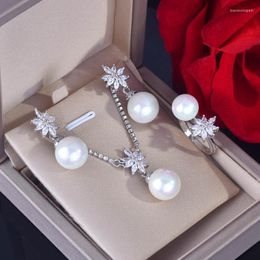 Necklace Earrings Set Korean Style Pearl Jewelry Inlay Shine Zircon Unique Design Pendant Fine Drop Women Wedding Eternal Ring