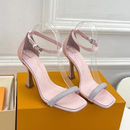 Crystal embellished ankle strap stiletto sandals Silk Narrow Band Open Toe Pumps luxury designer womens evening dress shoes factory footwear 35-41With box