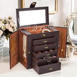 Jewellery Pouches Large Box Watch Case Beads Earrings Rings Armoire Storage Black BROWNLeather Trinket Organise