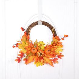 Decorative Flowers Halloween Wreath Artificial Pumpkin Autumn Theme Door Decoration Berries Manmade Garland Cloth Home Party Decor