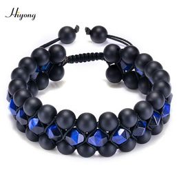 Bangle HIYONG Natural Stone Bracelets Blue Tiger Eye Beads Bracelet Threelayer Black Onyx Bracelet for Men High Quality Jewellery Gift