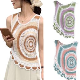 Women's Tanks Fashion Knit Crochet-Vest Casual Sleeveless-Tank Irregular-Edge Round Neck Circle Pattern Crochet-Pullover Summer