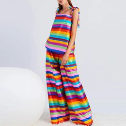 Women's Two Piece Pants Spring Colourful Stripe Print Set Women's Sexy Diagonal Neck Tie Bow Top Wide Leg Pants Summer Sleeveless Hollow Set 230520