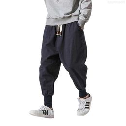 Men's Pants Cotton Linen Harem Pants Men Solid Elastic Waist Streetwear Joggers 2022 New Baggy Drop-crotch Pants Casual Trousers Men