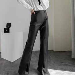 Women's Pants & Capris Fashion Luxury Design Women Classic Black PU Leather High Quality Split Slim Flare Trousers S1788