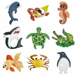 YAOLOGE Acrylic Dolphin Shark Seahorse Penguin Brooches For Unisex Kids Marine Aquatic Animals Brooch Pins Badge Jewellery Gifts