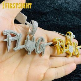 Necklaces Golo Silver Colour Plug Letter Pendant Necklace Iced Out Bling 5A CZ Micro Pave Finish Zircon Hip Hop Rope Chain Men's Jewellery