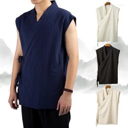 Men's Casual Shirts Chinese Traditional Clothing Hanfu Vest Men Linen Cotton Sleeveless Tops Tang Suit Kimono Cardigan Slit
